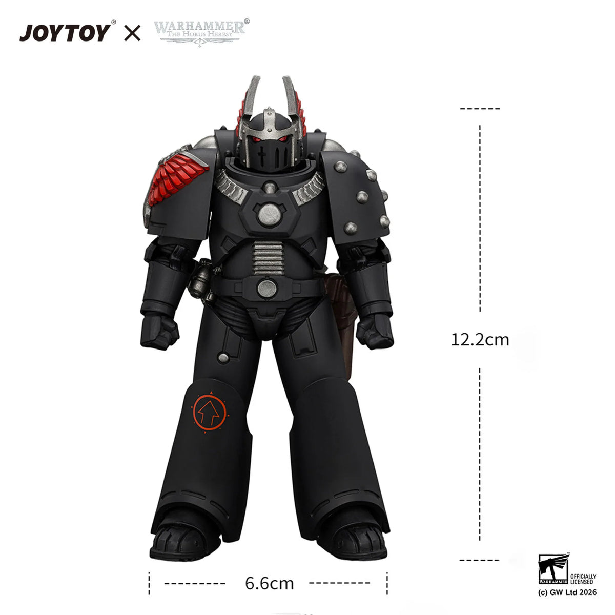 A black JOYTOY x Warhammer 40k Power Armor action figure shown on a white background with dimension labels indicating 12.2cm height and 6.