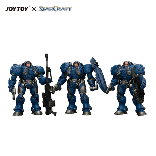 Three blue armored sci-fi action figures shown side by side on a white background, with JOYTOY x STARCRAFT branding at the top left.