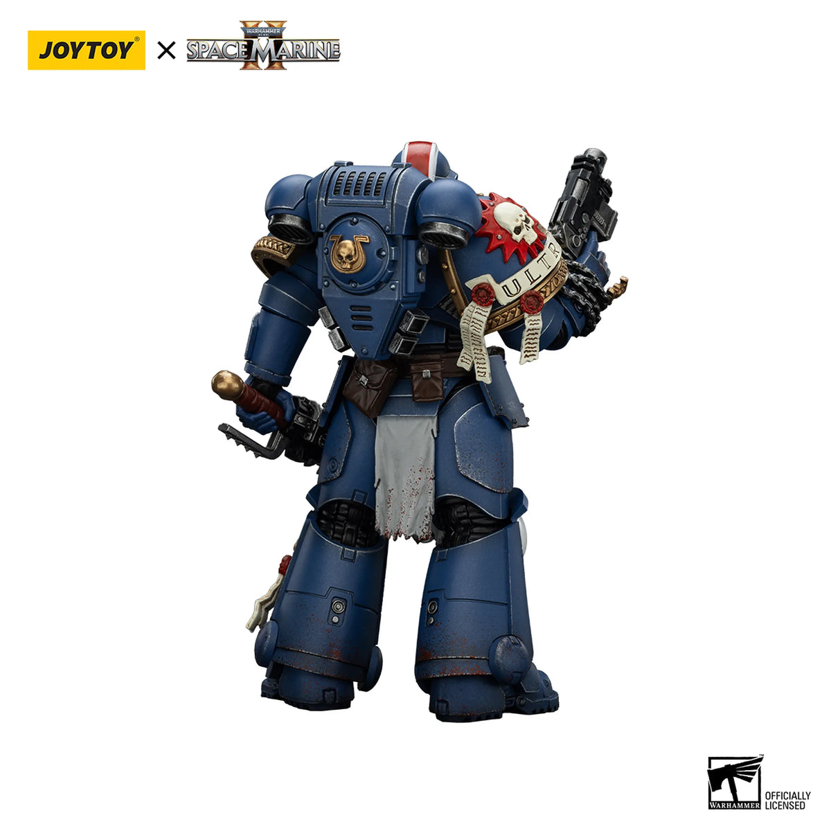 A detailed collectible figure of a blue Space Marine from Warhammer 40k, shown from the back holding a weapon, with JOYTOY and Special Forces Marines branding on a white background.