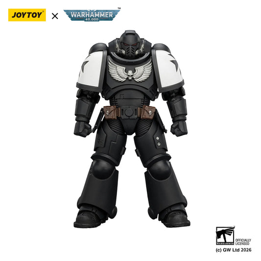 Toy figure with black and white armor, featuring JOYTOY and Warhammer branding.