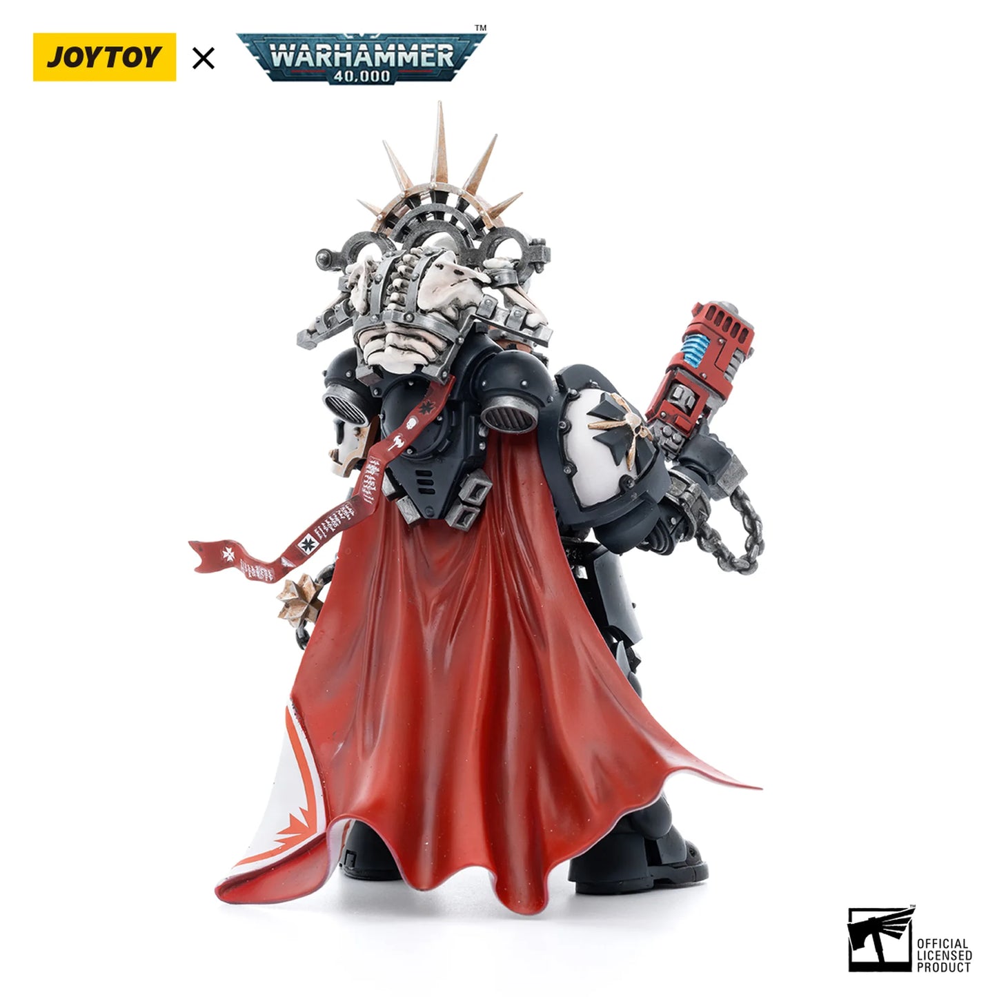 Toy figure with red cape and detailed armor, branded with Joytoy and Warhammer 40k logos.