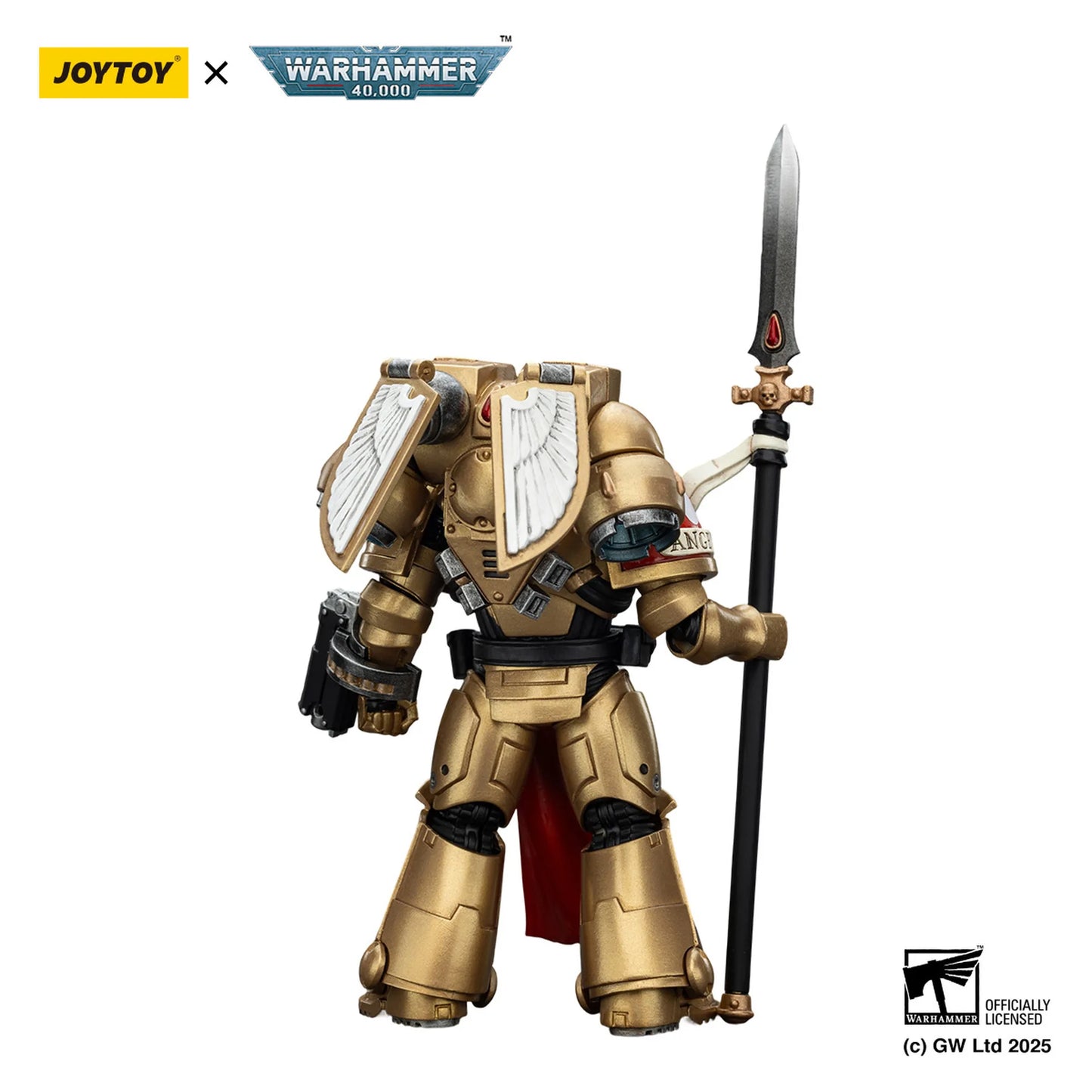Toy figure in gold armor with a sword, branded with Joytoy and Warhammer, on a white background.