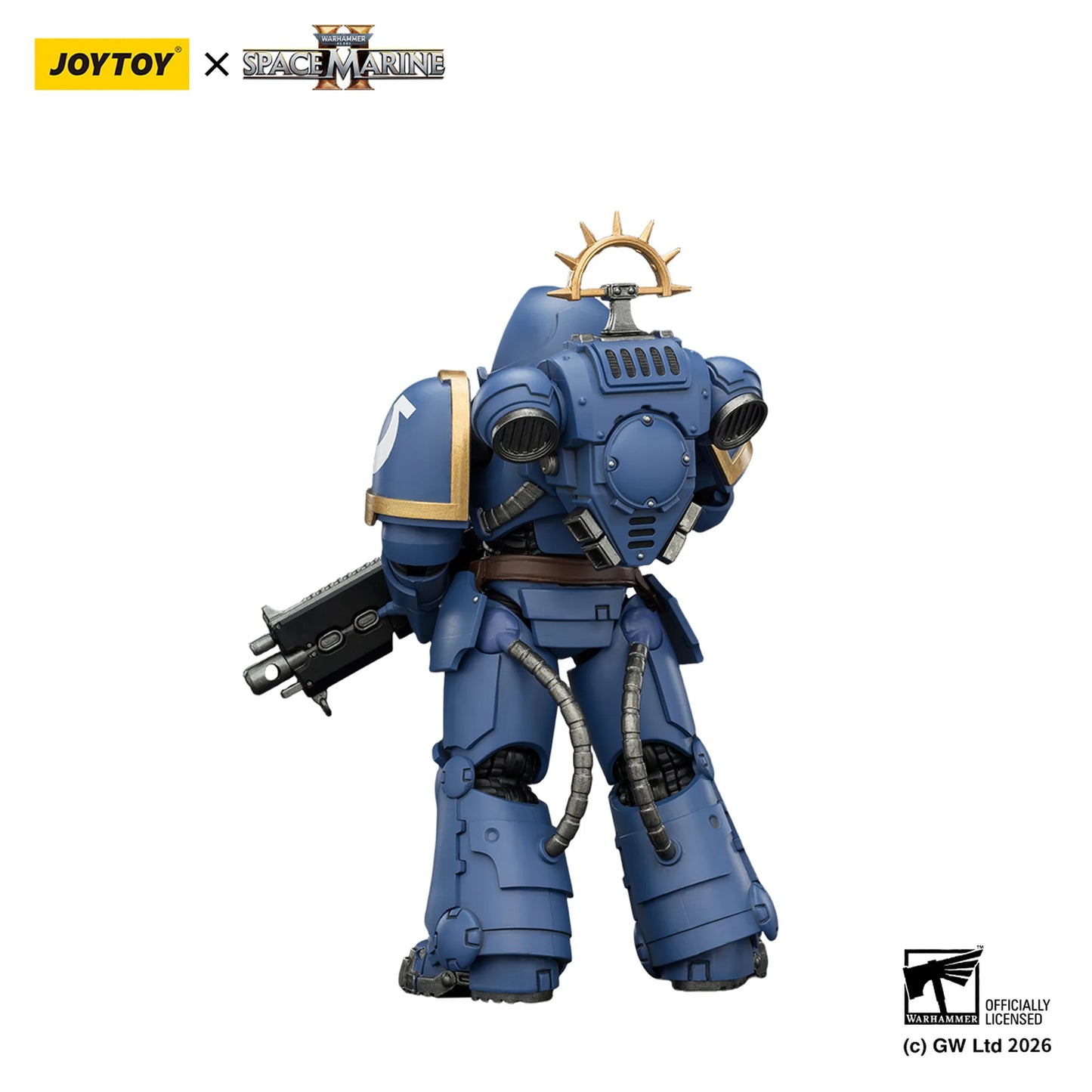 Blue robot figure with gold accents on a white background, featuring Joytoy and Space Marine branding.