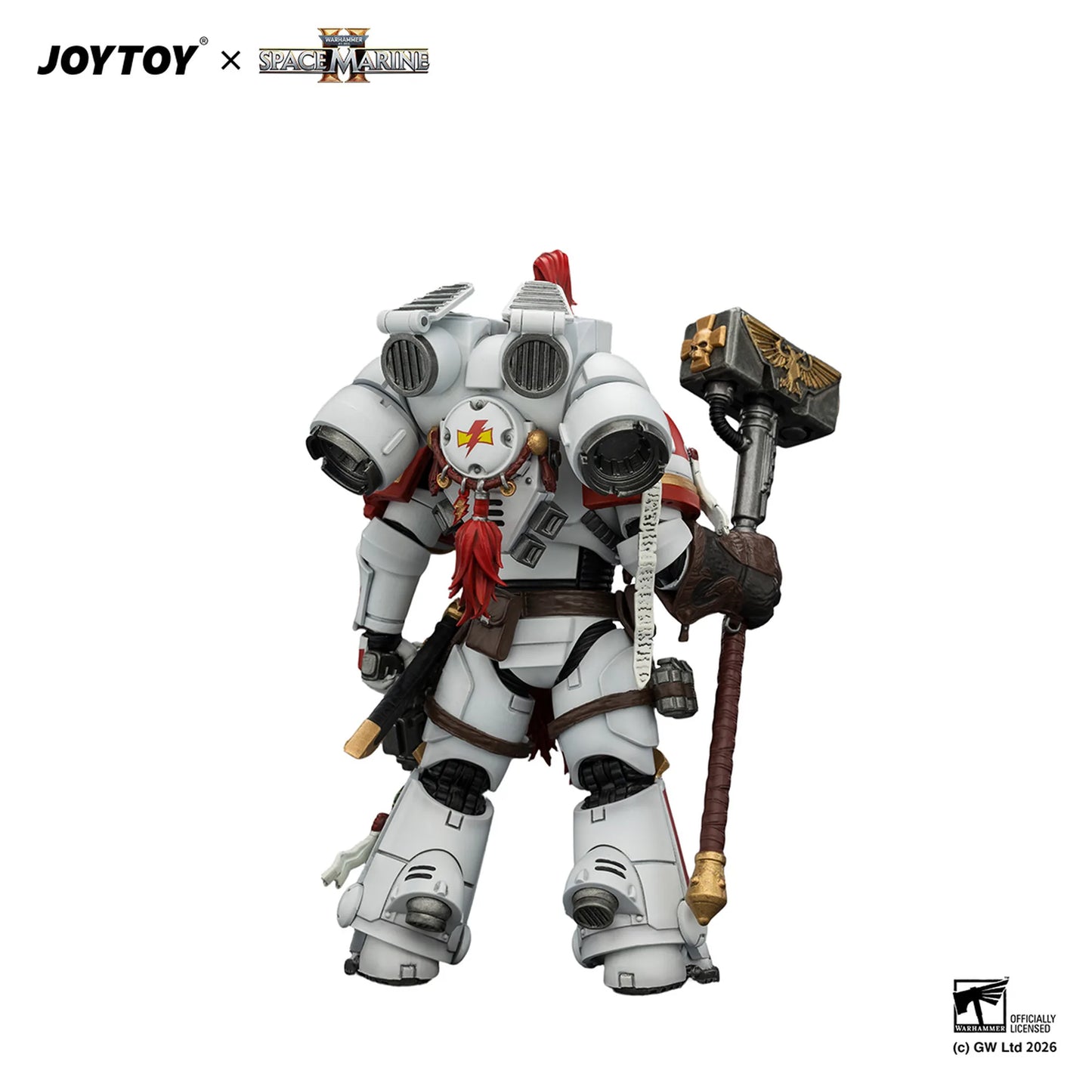 Toy figure in white and gray armor with a hammer, featuring JOYTOY and Games Workshop logos.