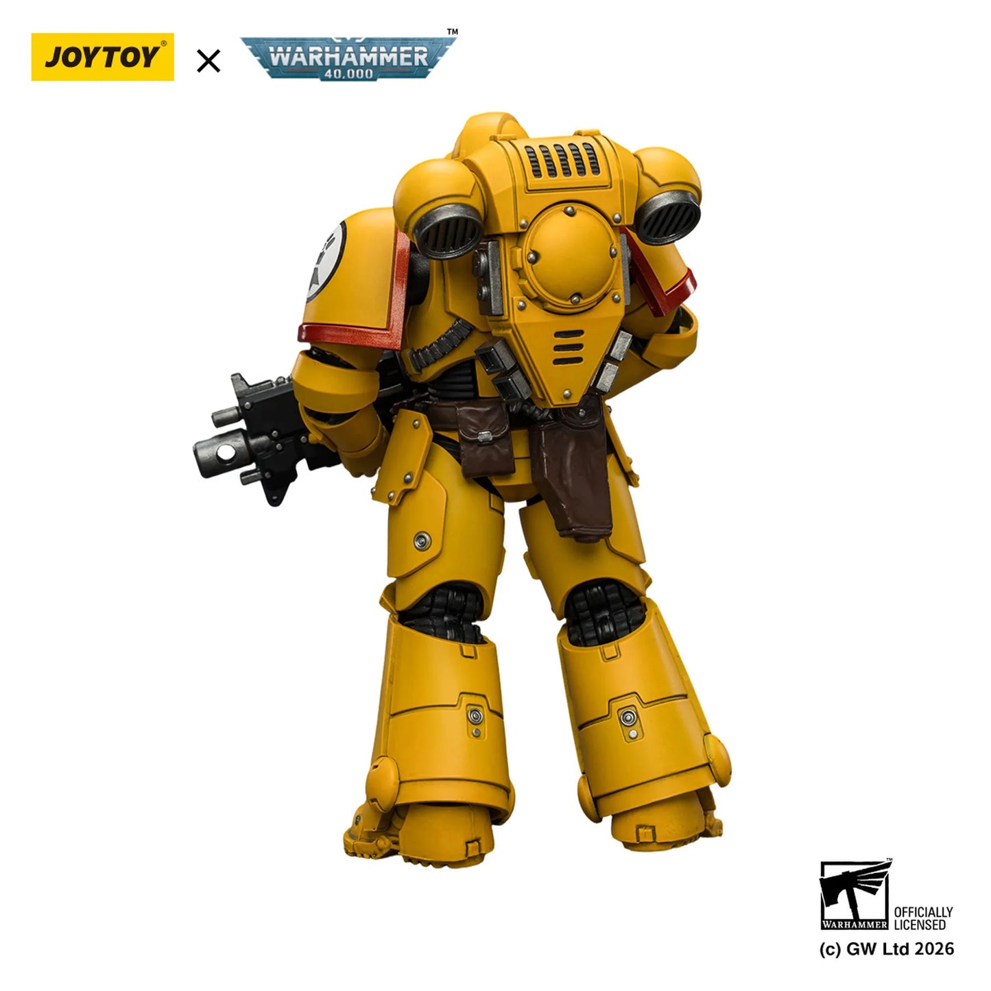 Yellow robot figure with Joytoy and Warhammer branding on a white background