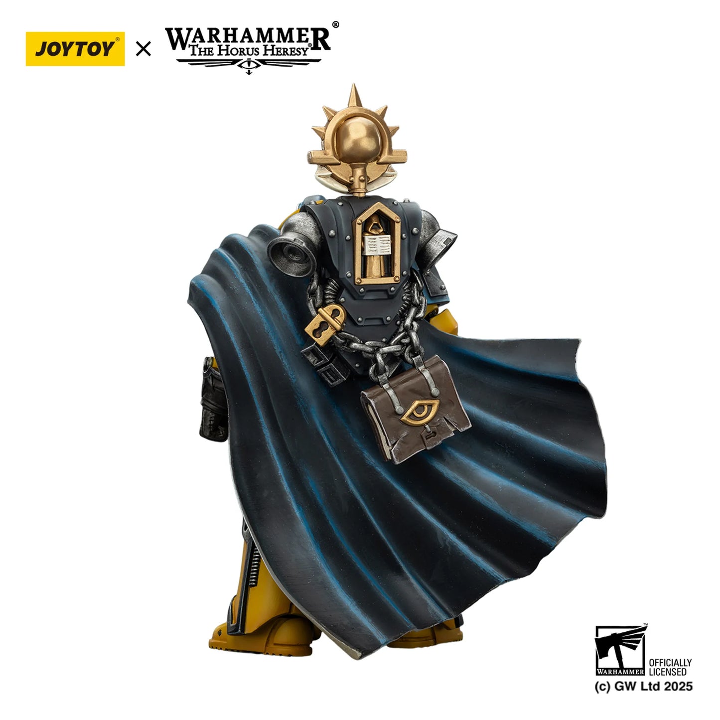 Warhammer figurine with black cape and gold accents on a white background, featuring JoyToy and Games Workshop logos.