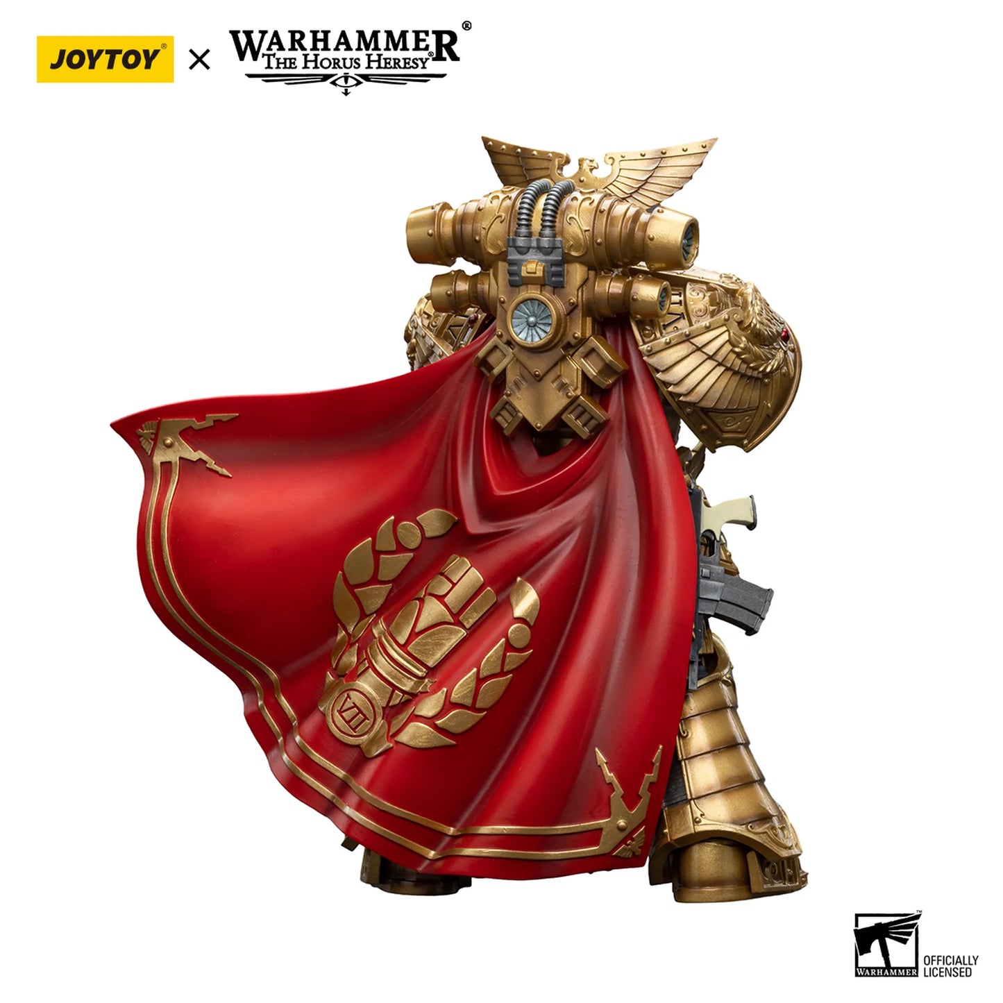 Gold and red armor with a helmet featuring intricate designs on a white background, branded with JoyToy and Warhammer.