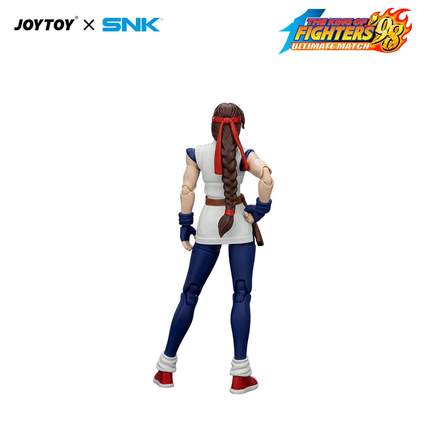 Action figure with braided hair and red headband, wearing blue and white outfit, on white background with JOYTOY and SNK logos.