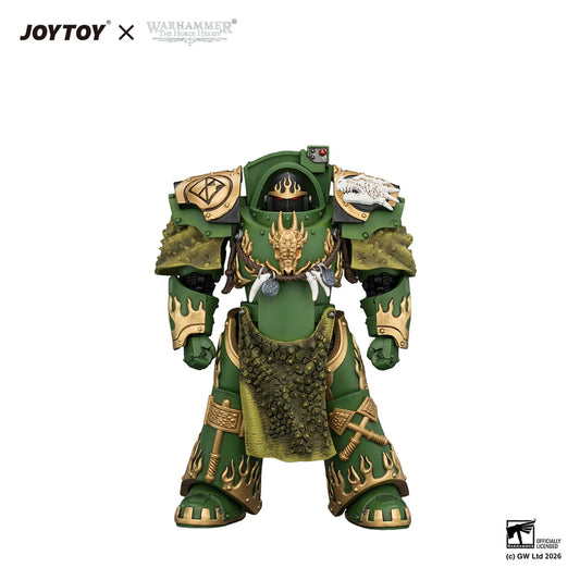 A detailed action figure of a Warhammer 40k Space Marine in green and gold armor, shown against a plain white background with JOYTOY and Warhammer logos at the top.