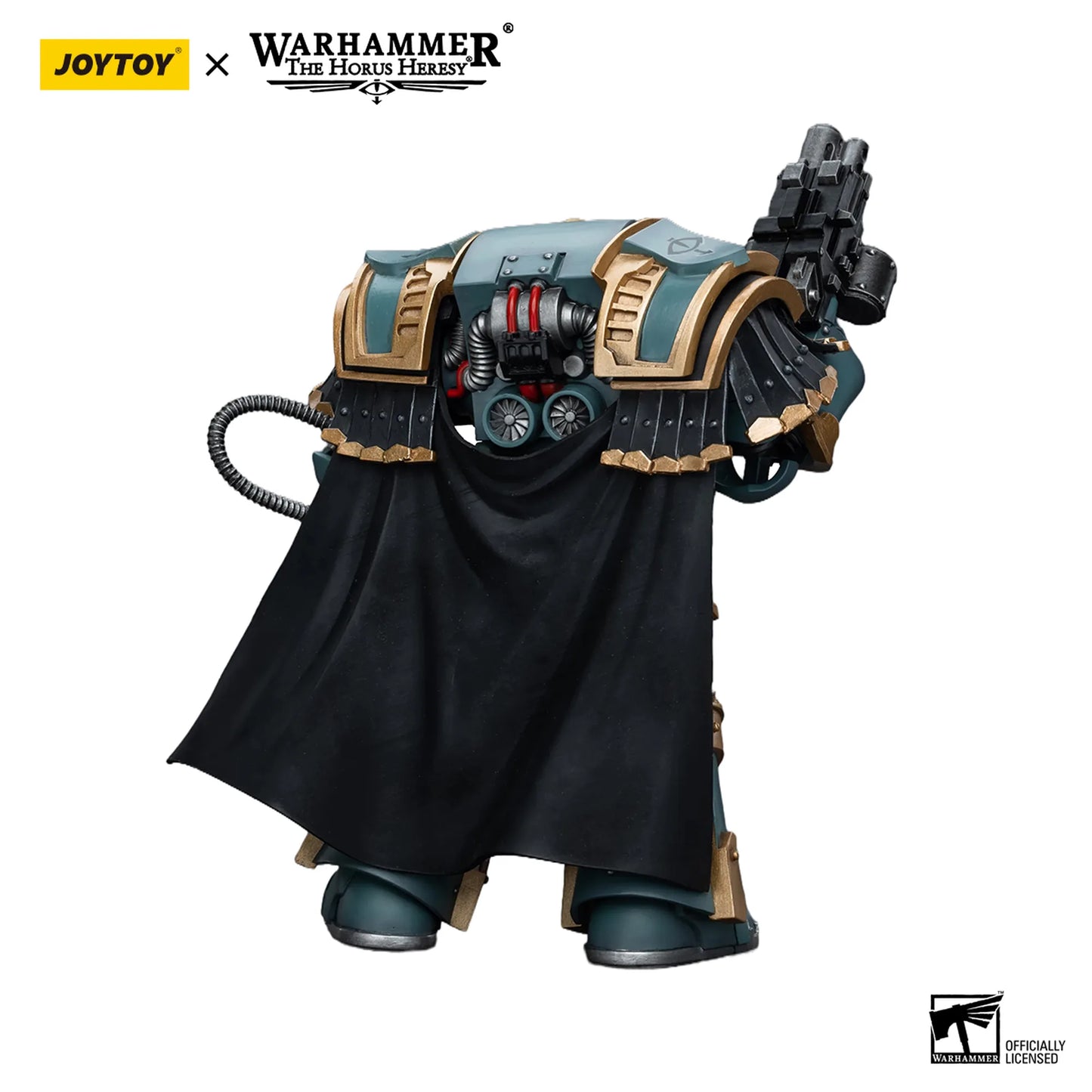 Toy figure with black cape and detailed armor, featuring Joytoy and Warhammer branding.