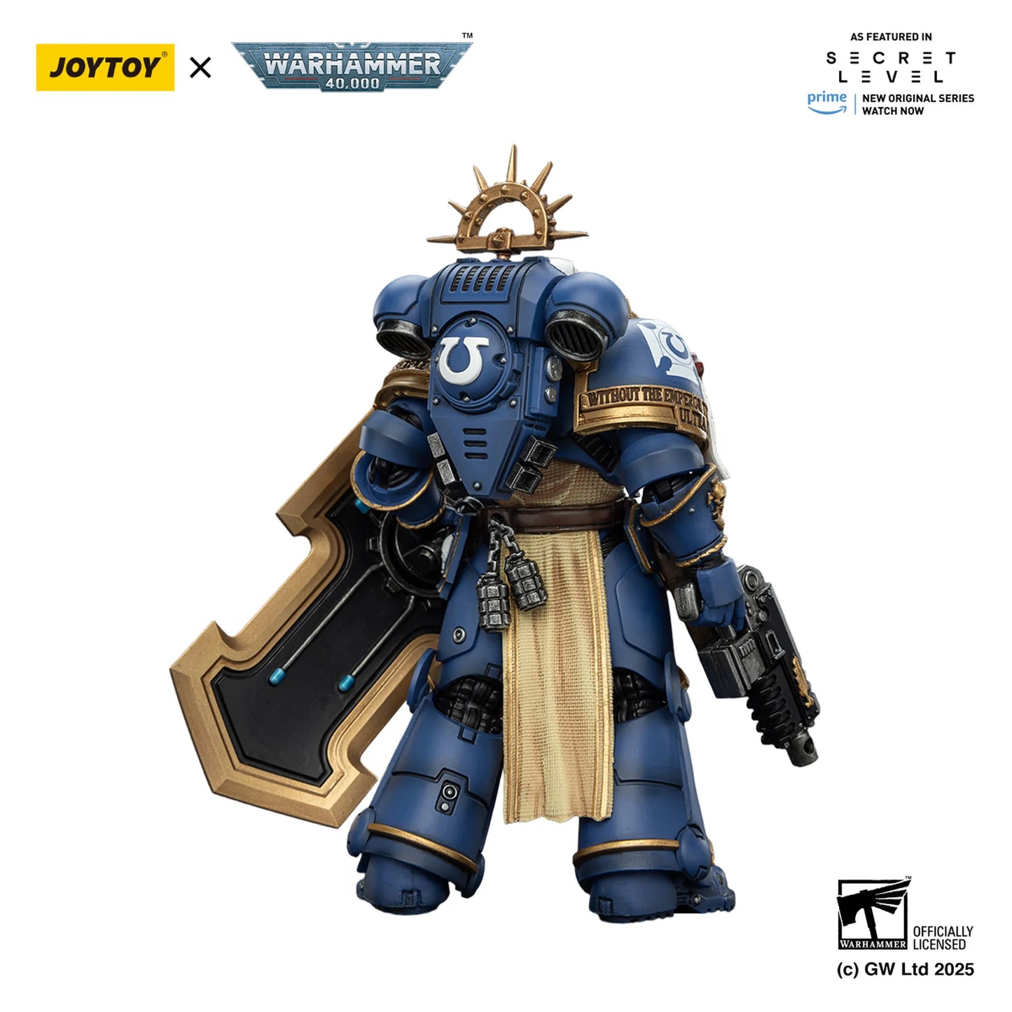 Toy figure in blue armor with a weapon, branded as Joytoy x Warhammer 40,000, on a white background.