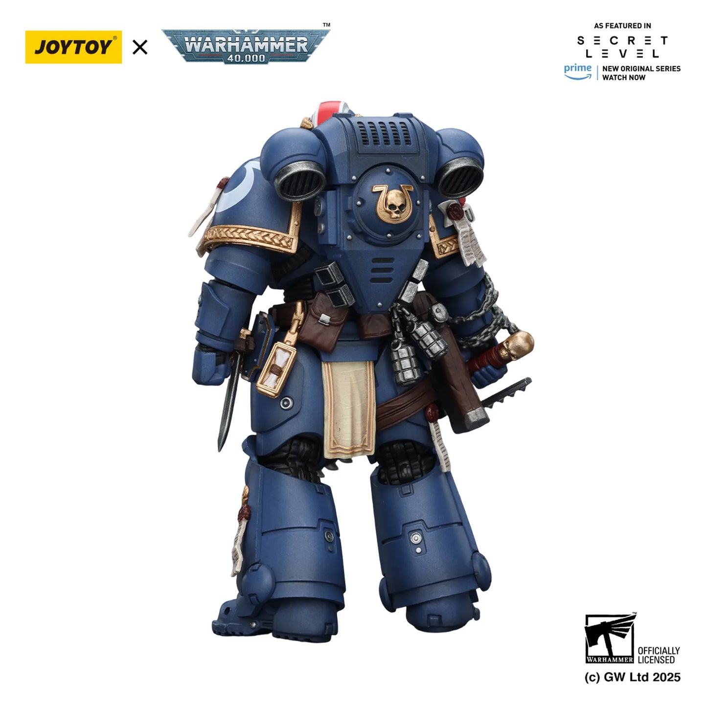 Toy figure of a character from Warhammer 40,000 on a white background with JoyToy and Warhammer branding.