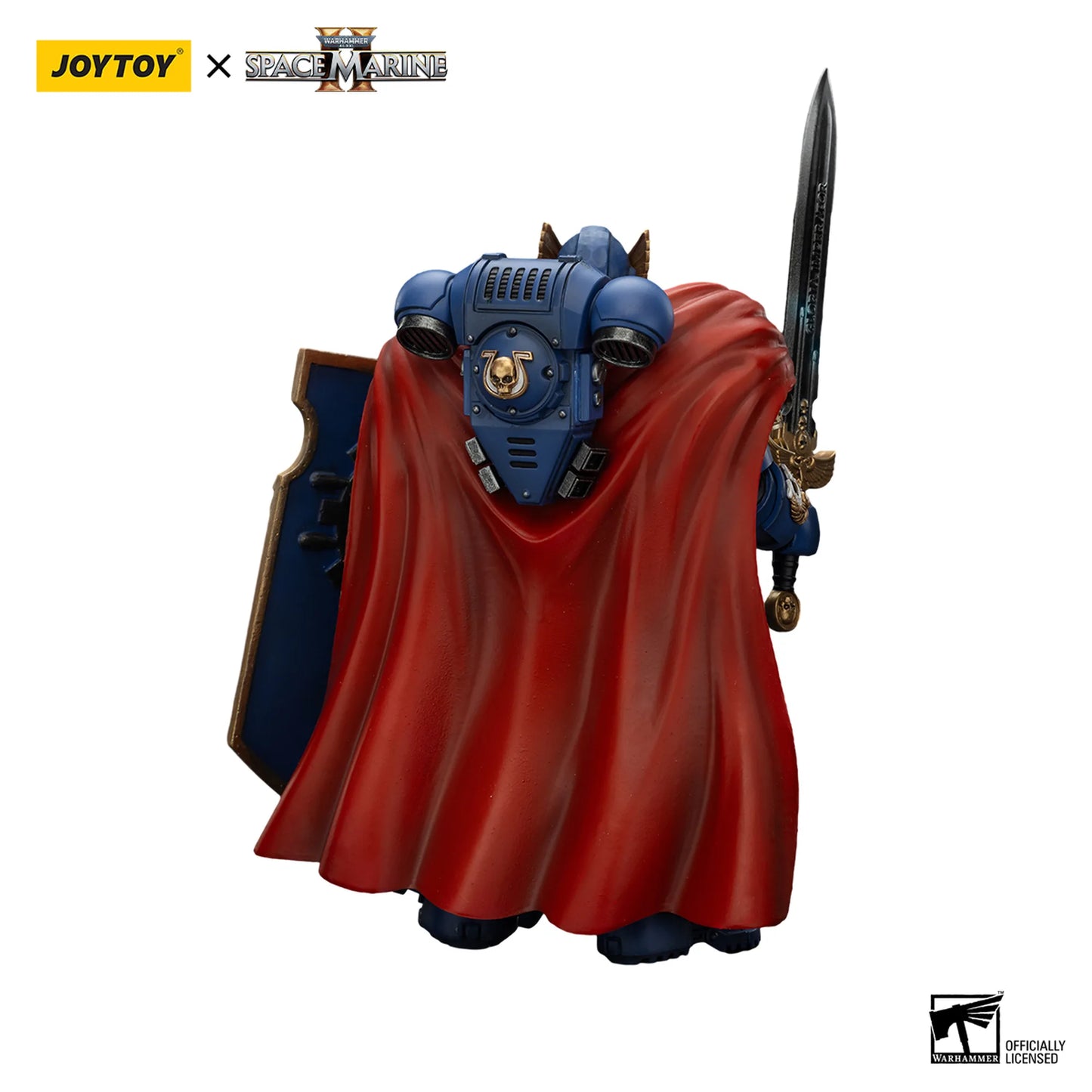 Space Marine figurine with red cape and blue armor, holding a sword, on a white background.
