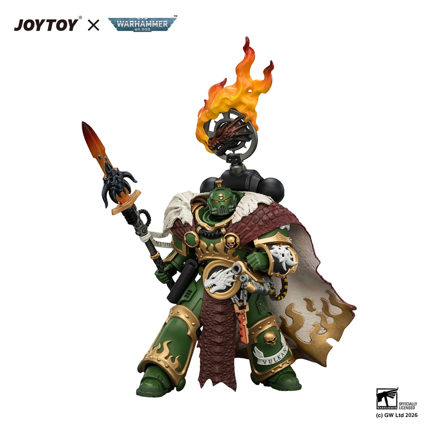 Toy figure with detailed armor and weapon, featuring JOYTOY and Warhammer logos.