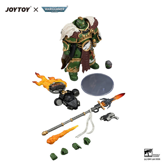 Toy figure with accessories on a white background, featuring JOYTOY and Warhammer branding.