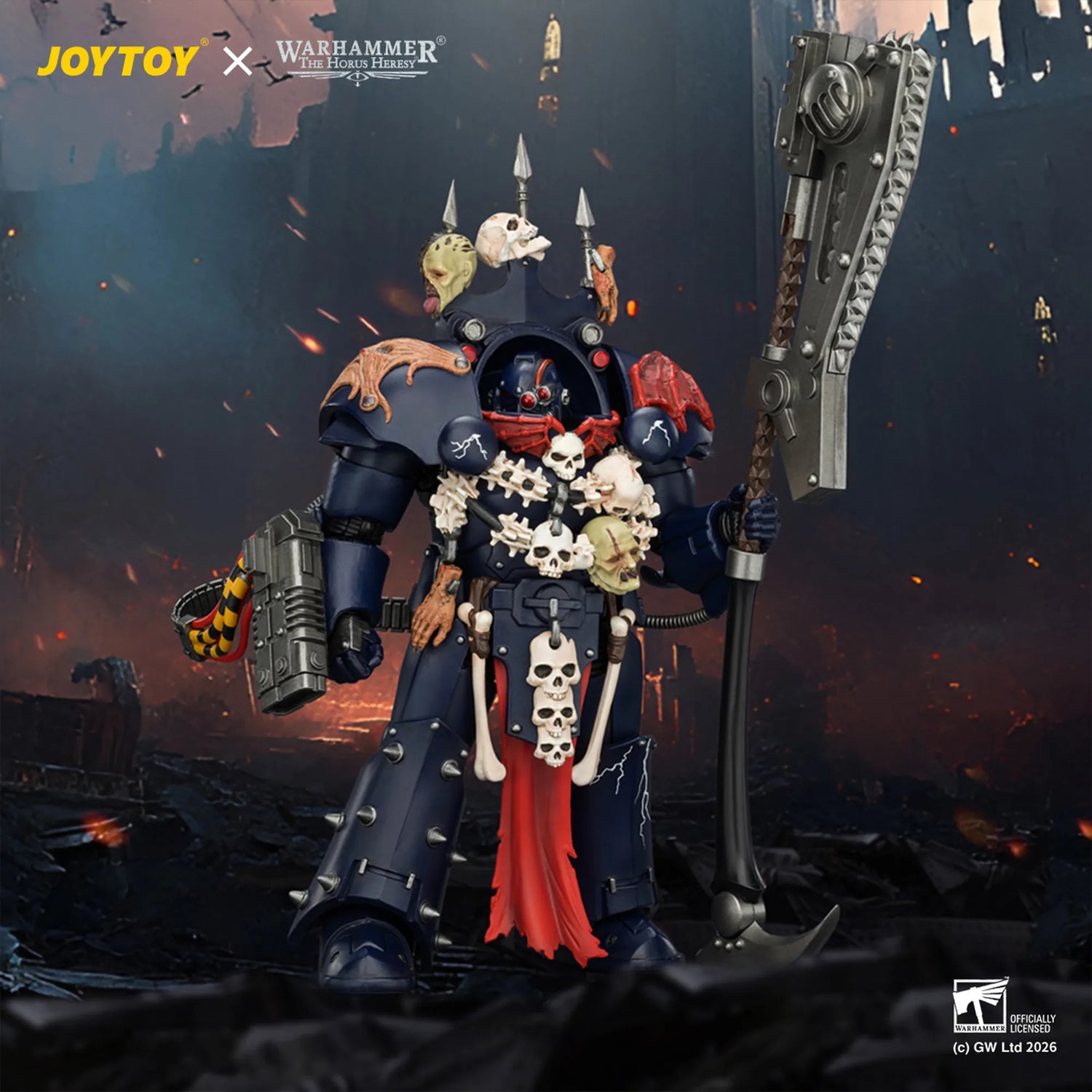 Toy figure with ornate armor and weapons against a dark, fiery background
