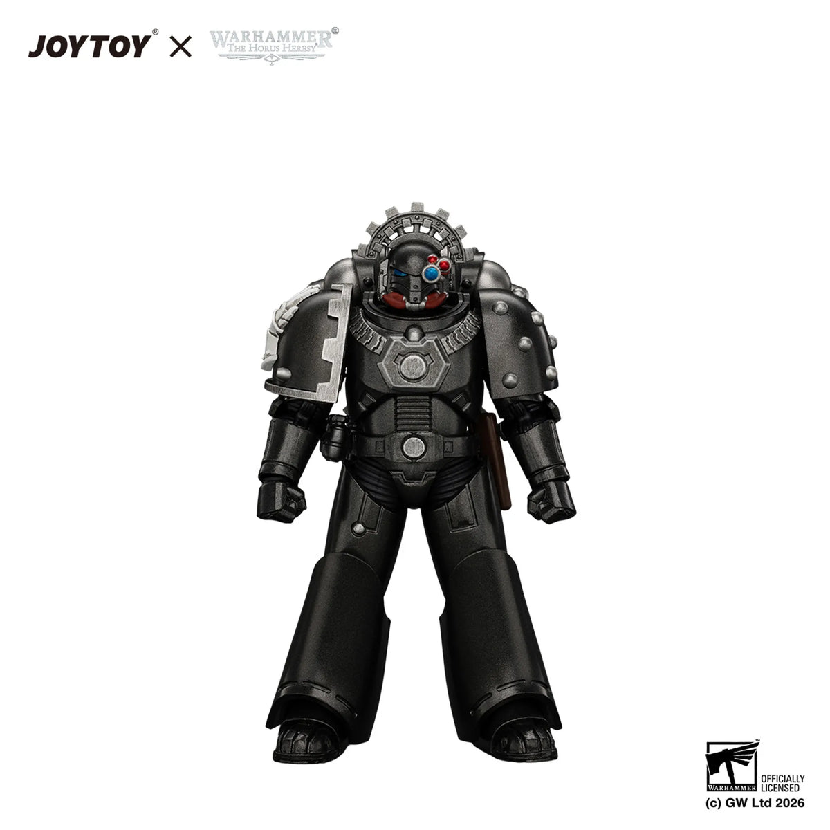 A collectible action figure of a Warhammer 40k Power Armor soldier, a collaboration between JOYTOY and Warhammer, shown against a plain white background with official logos at the top and bottom.