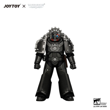 A collectible action figure of a Warhammer 40k Power Armor soldier, a collaboration between JOYTOY and Warhammer, shown against a plain white background with official logos at the top and bottom.