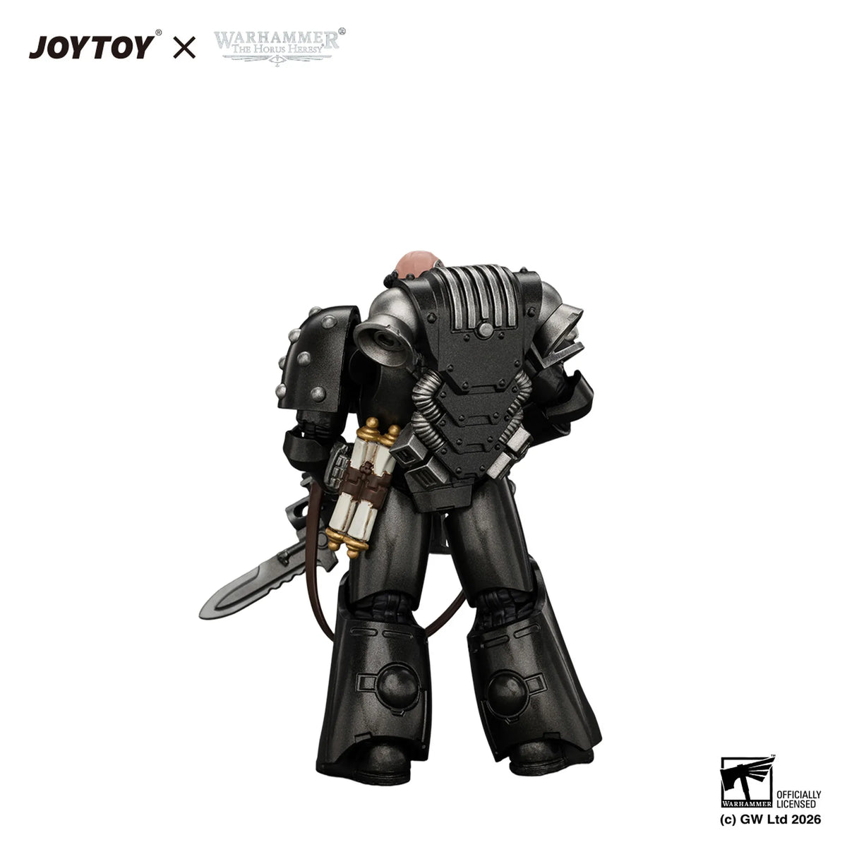 A detailed collectible action figure of a Warhammer 40k Space Marine from behind, featuring black and gray armor with gold accents and a silver sword, on a white background with JOYTOY and Warhammer 40k logos at the top.