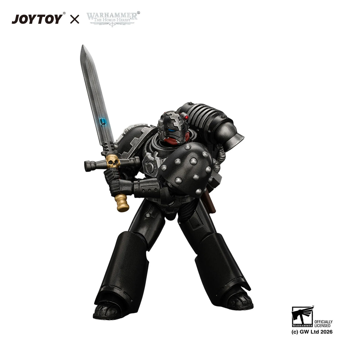 A detailed collectible action figure of a Warhammer 40k Space Marine unit, featuring a black and dark gray armored body with a silver sword and gold accents, set against a plain white background with brand logos.