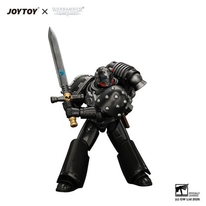 A detailed collectible action figure of a Warhammer 40k Space Marine unit, featuring a black and dark gray armored body with a silver sword and gold accents, set against a plain white background with brand logos.