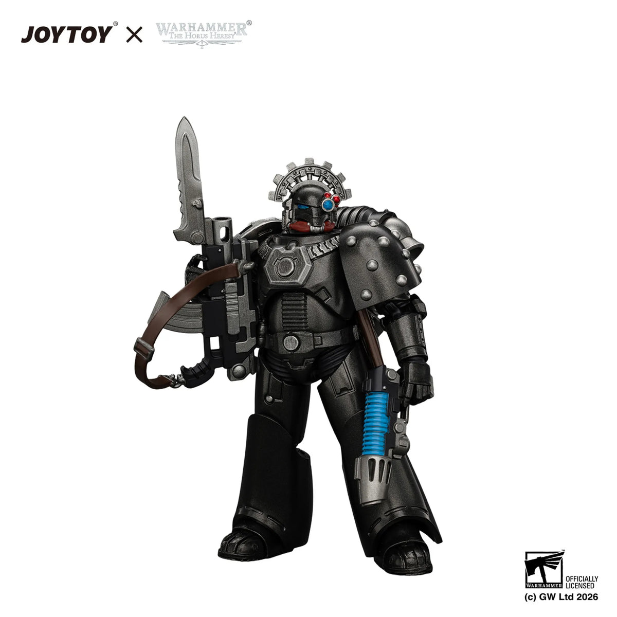 A detailed action figure of a sci-fi armored warrior holding a large sword and a blue cylindrical weapon, shown on a plain white background with JOYTOY and Warhammer logos at the top.