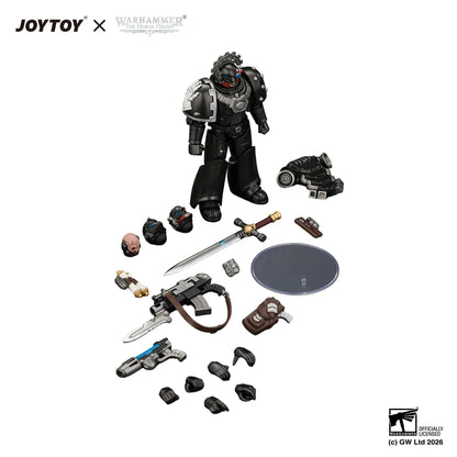 Warhammer 40k JoyToy Space Marine action figure set with multiple accessories including a sword, pistol, helmet, shield, and interchangeable heads, displayed on a clean white background with JoyToy and Warhammer branding.