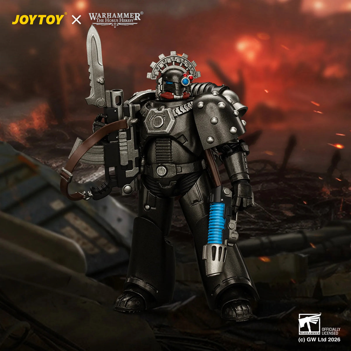 A detailed collectible action figure of a Warhammer 40k Space Marine in dark armor, posed with a sword on a battlefield backdrop. The JOYTOY x Warhammer 40k collaboration branding is visible at the top, and a Special Edition badge is at the bottom right.