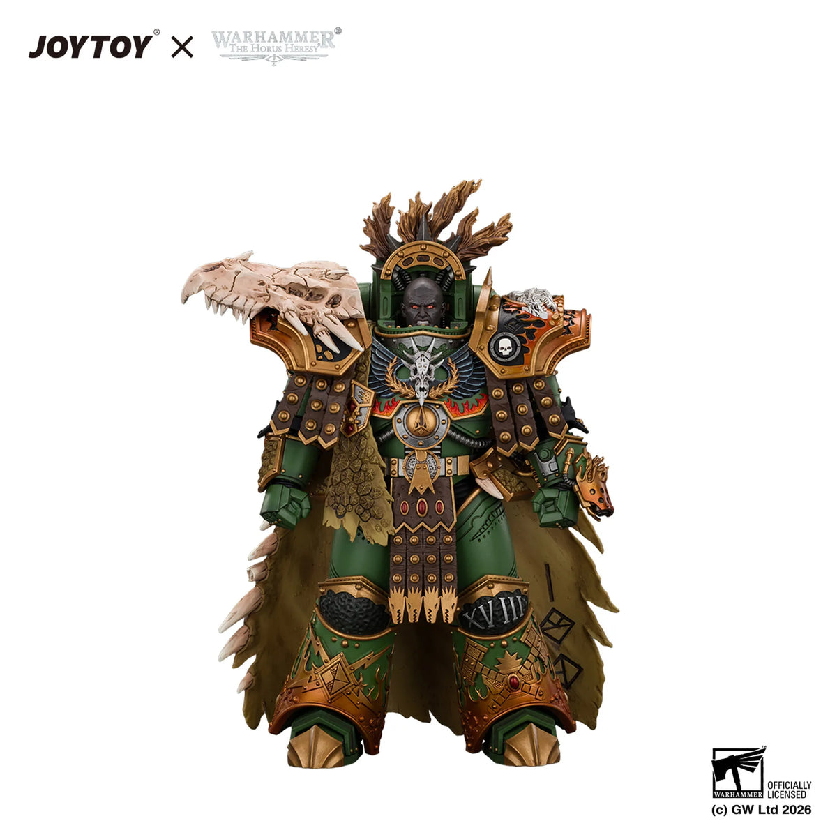 Warhammer 40k JOYTOY x Officially Licensed Product collectible figure of a heavily armored Space Marine with a skull on its shoulder, set against a plain white background with brand logos.
