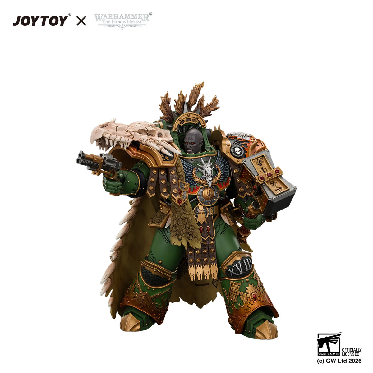 A detailed collectible action figure of a Warhammer 40k Space Marine Legionnaire in ornate green and gold armor, holding a large skull weapon, on a white background with JOYTOY and Warhammer logos at the top.
