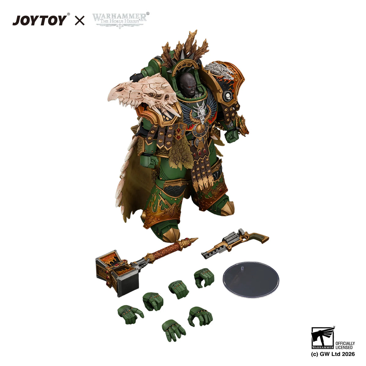 Warhammer 40k JOYTOY x Officially Licensed Special Edition (SE) Space Marine 1 action figure with multiple accessories including a skull-whip, rifle, extra hands, and a display stand, shown on a white background with JOYTOY and Warhammer logos.