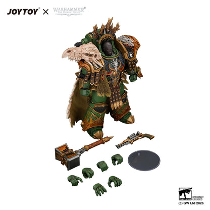 Warhammer 40k JOYTOY x Officially Licensed Special Edition (SE) Space Marine 1 action figure with multiple accessories including a skull-whip, rifle, extra hands, and a display stand, shown on a white background with JOYTOY and Warhammer logos.