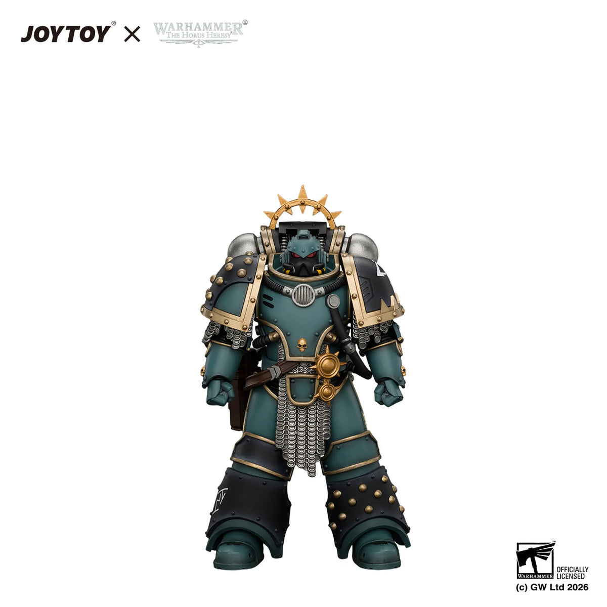 A detailed collectible action figure of a Warhammer 40k Power Armor model, featuring a dark teal body with gold and silver accents, set against a plain white background with JOYTOY and Warhammer branding at the top.