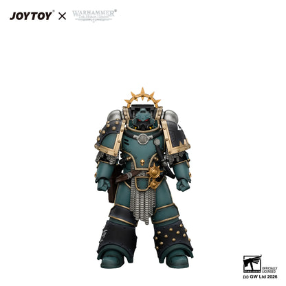 A detailed collectible action figure of a Warhammer 40k Power Armor model, featuring a dark teal body with gold and silver accents, set against a plain white background with JOYTOY and Warhammer branding at the top.