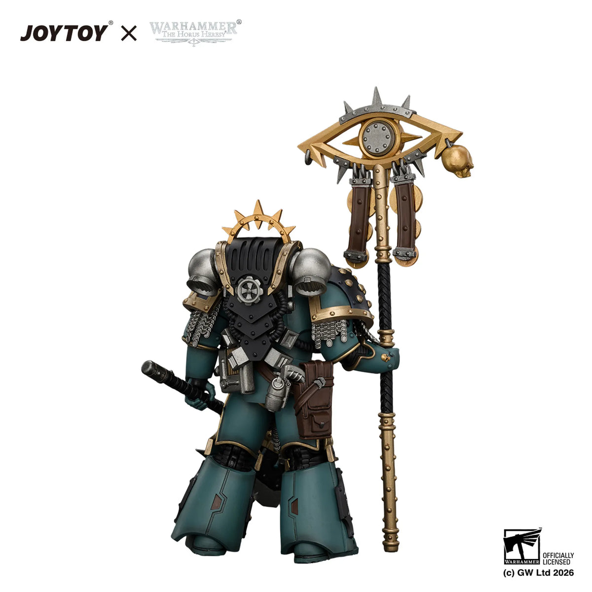 Warhammer 40k JOYTOY collectible figure of a Space Marine with a large ornate battle axe, shown from the back against a white background with JOYTOY and Warhammer branding.