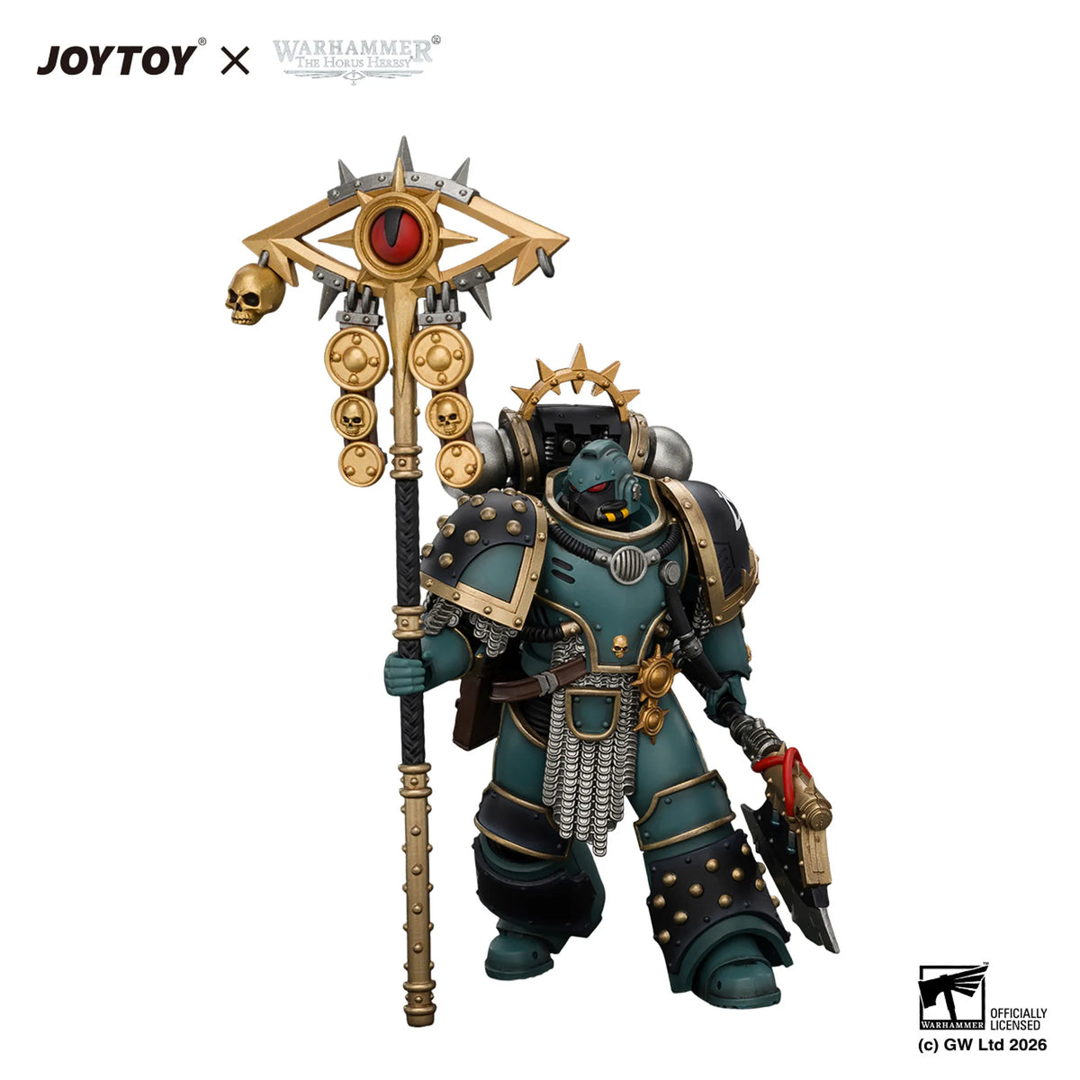 A detailed collectible figure of a Warhammer 40k Space Marine, specifically a Warlord Space Marine, in teal and gold armor, holding a large ornate golden staff with skull motifs. The figure is presented on a clean white background with JOYTOY and Warhammer 40k branding at the top and a 'Officially Licensed' logo at the bottom right.