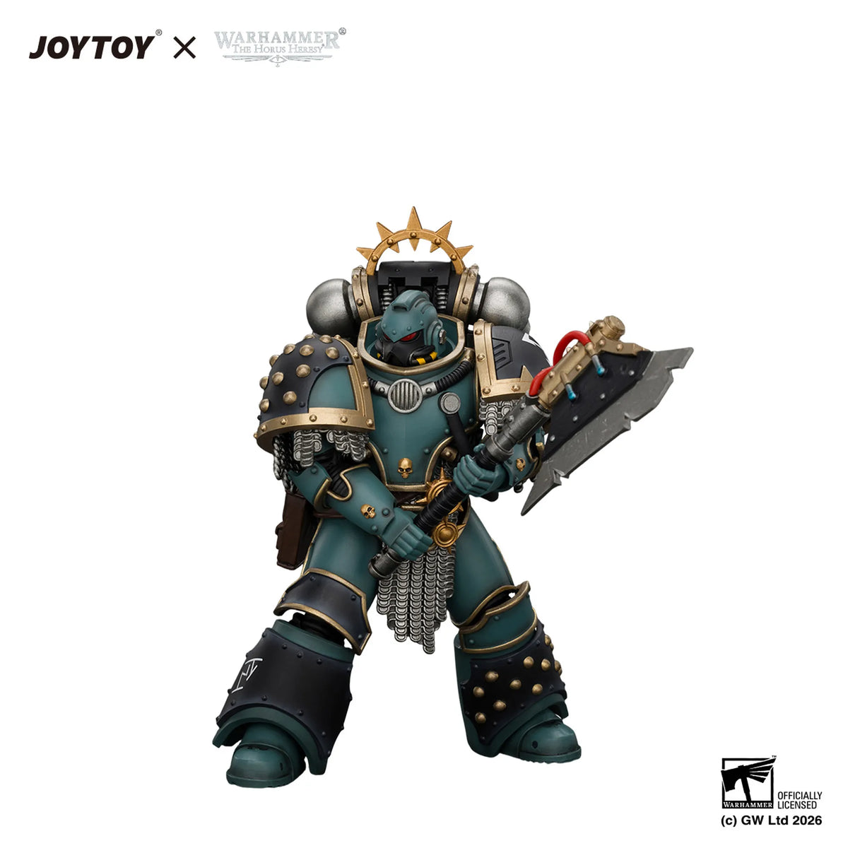 A detailed collectible action figure of a Warhammer 40k Space Marine in ornate teal and gold armor, holding a large battleaxe, set against a plain white background with JOYTOY and Warhammer 40k branding at the top and a Difficulty Assessment logo at the bottom right.