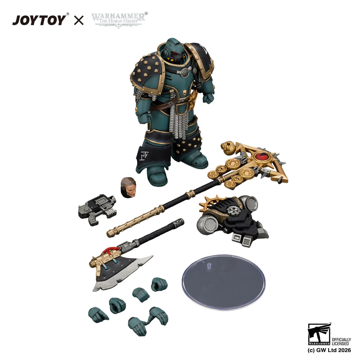 Warhammer 40k JoyToy collectible action figure of a Warlord of Drakh, shown with its various accessories and alternate heads on a clean white background. The figure is clad in dark teal and gold armor, accompanied by a large golden scythe, a battle axe, a shield, and multiple hands and an alternate head.