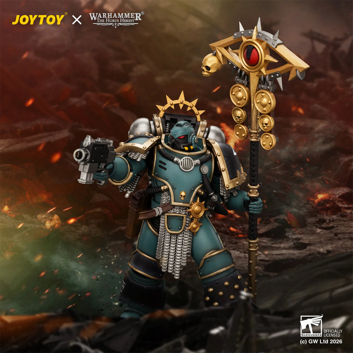 A painted Warhammer 40k Space Marine figure by JOYTOY, featuring teal armor with gold accents, a gold helmet with a red visor, and holding a large ornate battle axe, set against a dark, fiery battlefield background.