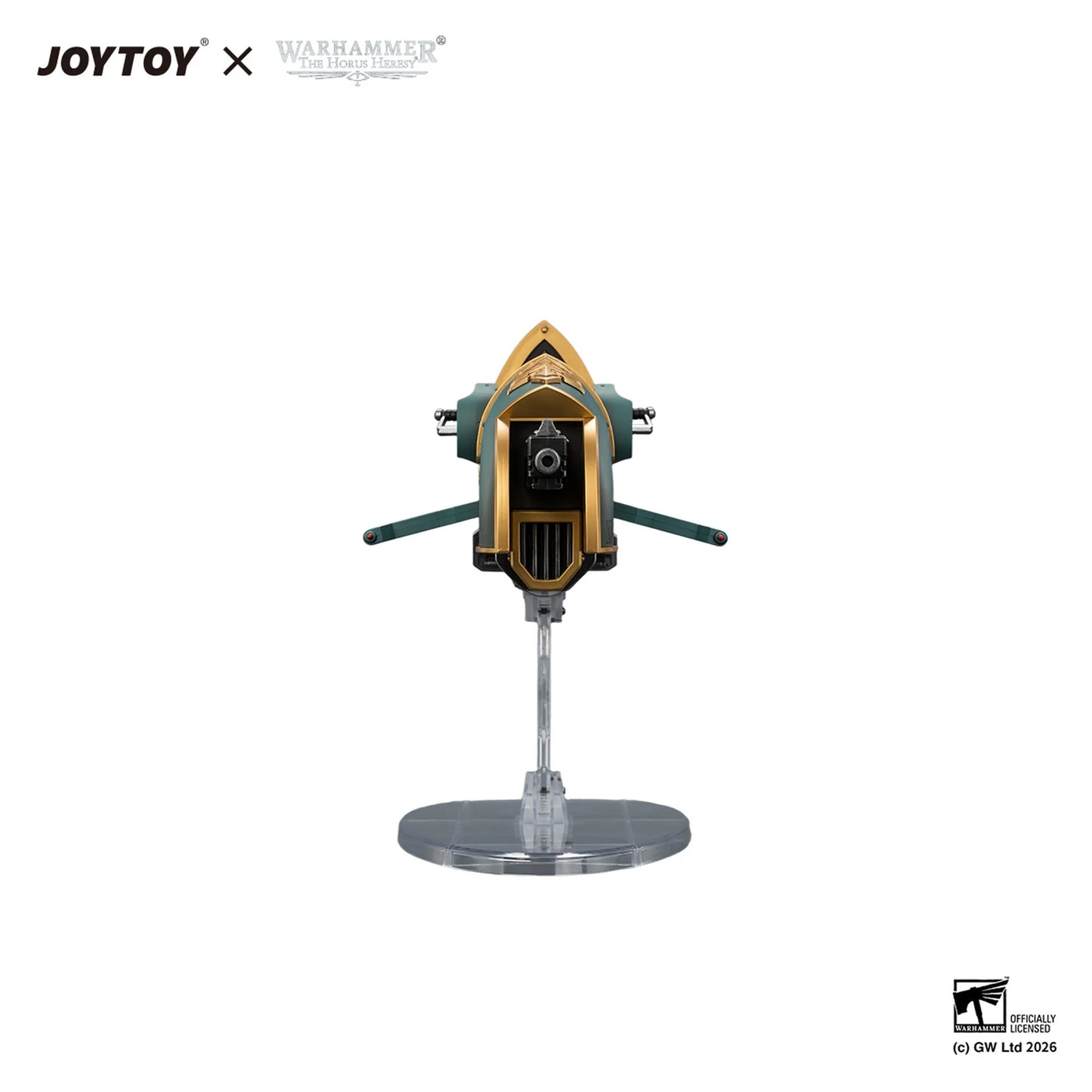 A Star Wars Warhammer 40k collectible model of a TIE/LN starfighter on a clear display stand, featuring a gold and green paint scheme. The image includes JOYTOY and Warhammer 40k branding at the top left and a CG CW LA2 2026 mark at the bottom right, set against a solid white background.