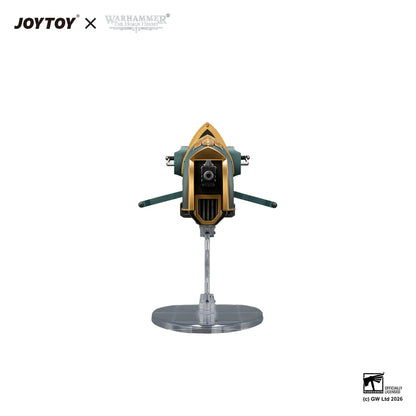 A Star Wars Warhammer 40k collectible model of a TIE/LN starfighter on a clear display stand, featuring a gold and green paint scheme. The image includes JOYTOY and Warhammer 40k branding at the top left and a CG CW LA2 2026 mark at the bottom right, set against a solid white background.