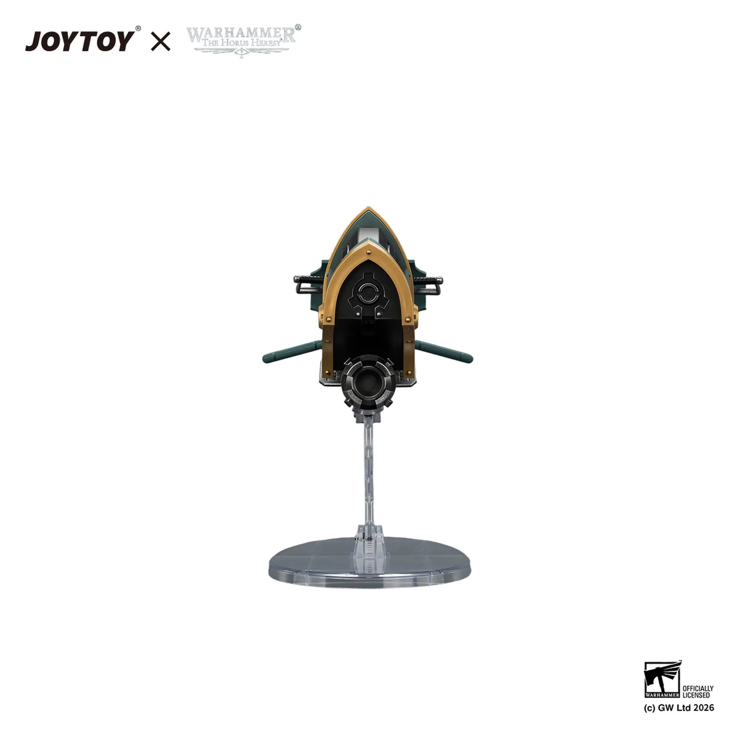 A JOYTOY x Warhammer 40k 1/60 scale model of a Warlord Tank Destroyer, shown from the rear on a clear display stand against a white background.
