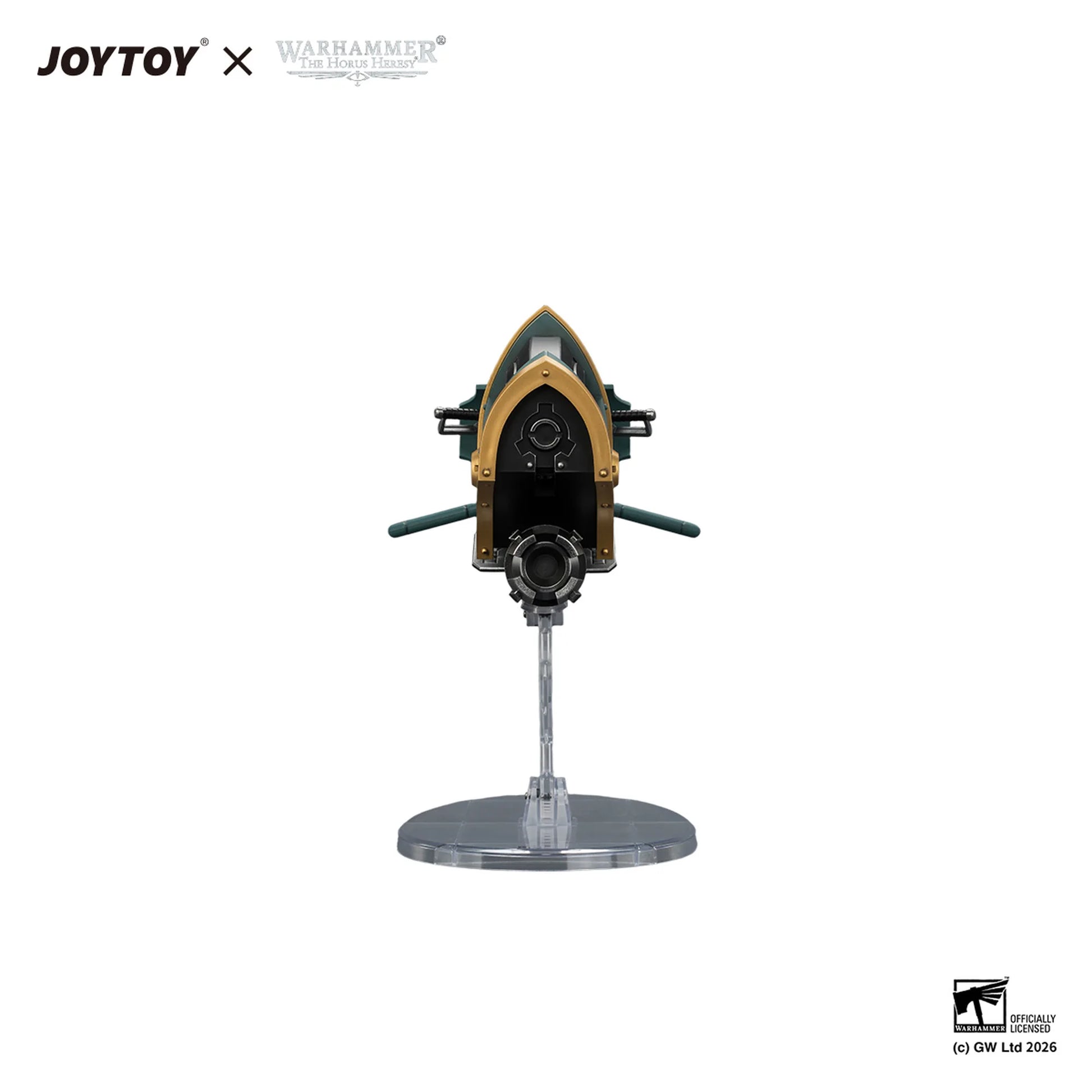 A JOYTOY x Warhammer 40k 1/60 scale model of a Warlord Tank Destroyer, shown from the rear on a clear display stand against a white background.