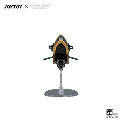 A JOYTOY x Warhammer 40k 1/60 scale model of a Warlord Tank Destroyer, shown from the rear on a clear display stand against a white background.