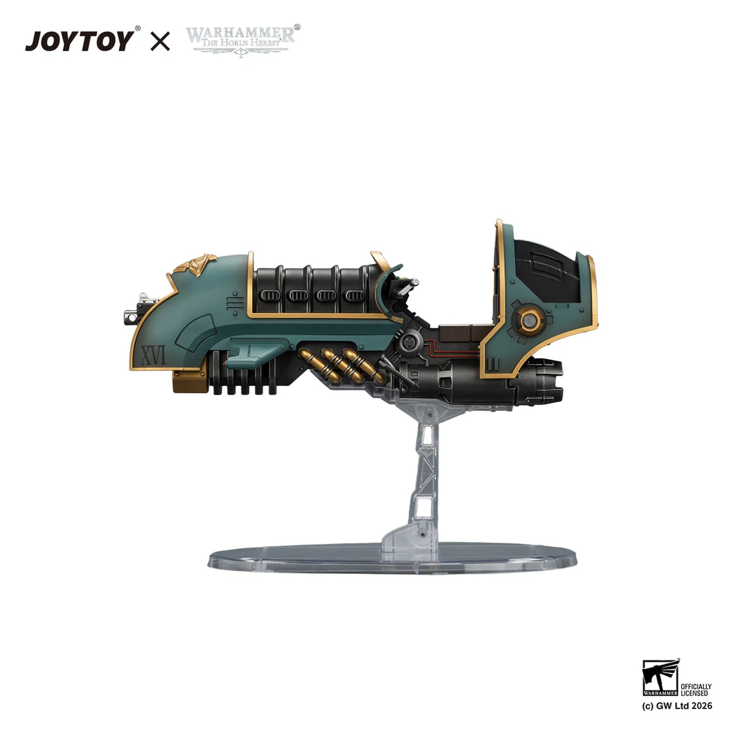A Warhammer 40k JoyToy miniature weapon model on a clear plastic display stand, shown against a solid white background with official brand logos at the top and a copyright notice at the bottom right.