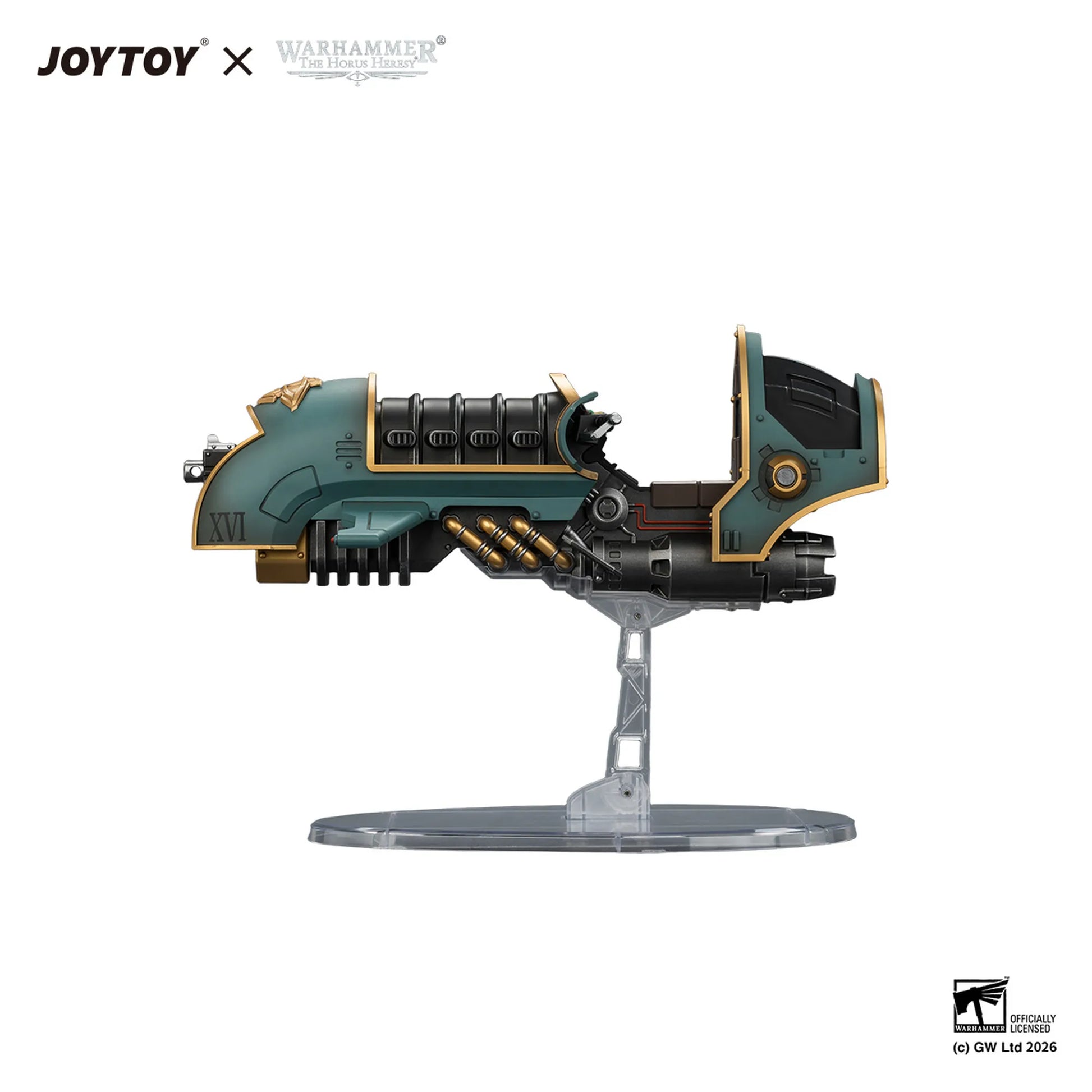 A Warhammer 40k JoyToy miniature weapon model on a clear plastic display stand, shown against a solid white background with official brand logos at the top and a copyright notice at the bottom right.