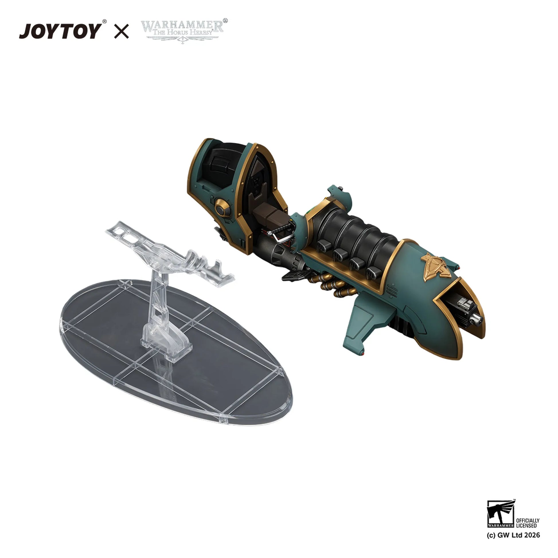 A JOYTOY x Warhammer 40k themed miniature weapon model displayed on a clear stand against a white background, with brand logos in the top-left corner.