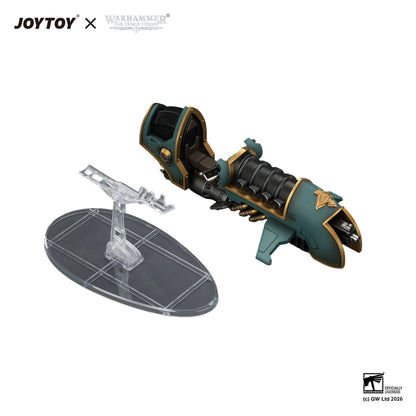 A JOYTOY x Warhammer 40k themed miniature weapon model displayed on a clear stand against a white background, with brand logos in the top-left corner.