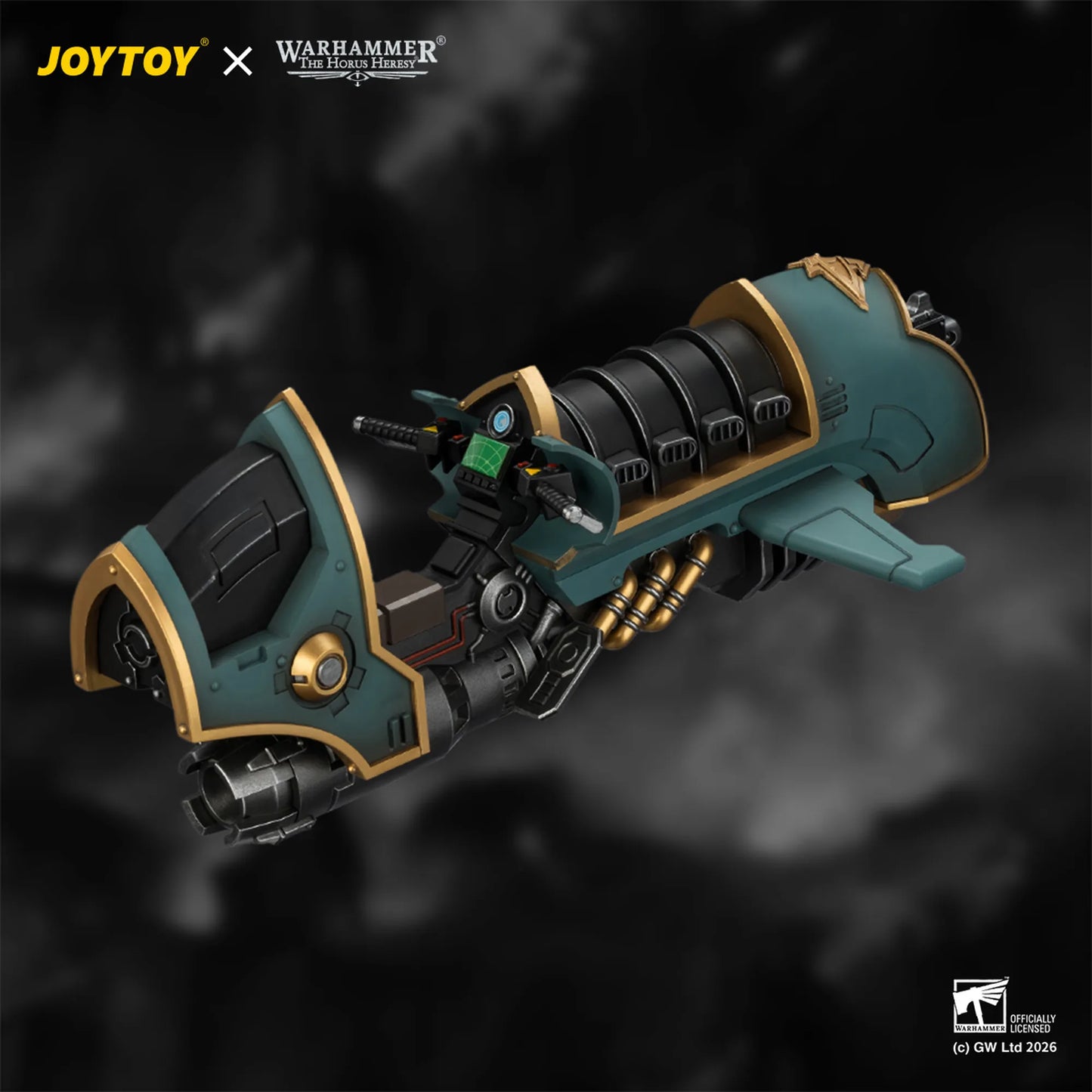 A JOYTOY x Warhammer 40k Warlord Legion 1/60 scale model of the Warhound Launcher, shown in a dynamic diagonal pose against a dark, smoky background. The model features a teal green and gold color scheme with black mechanical components.