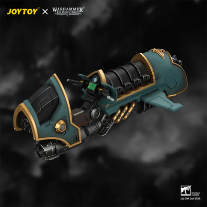 A JOYTOY x Warhammer 40k Warlord Legion 1/60 scale model of the Warhound Launcher, shown in a dynamic diagonal pose against a dark, smoky background. The model features a teal green and gold color scheme with black mechanical components.